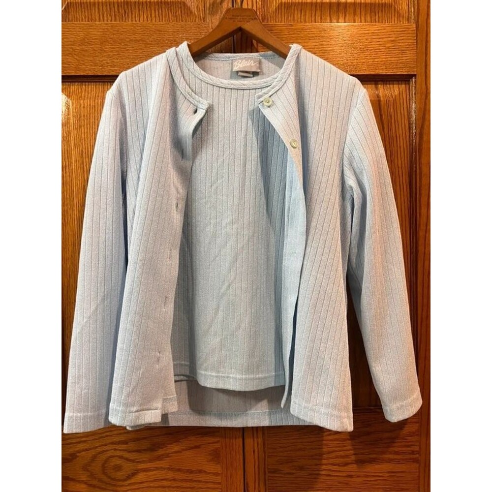 Blair Women’s Small 2 Piece Cardigan Tank Set Light Blue Ribbed Shimmery